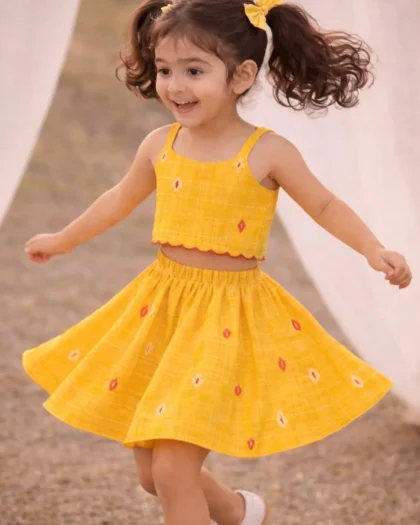 Yellow Jamdani Crop Top & Skirt Set