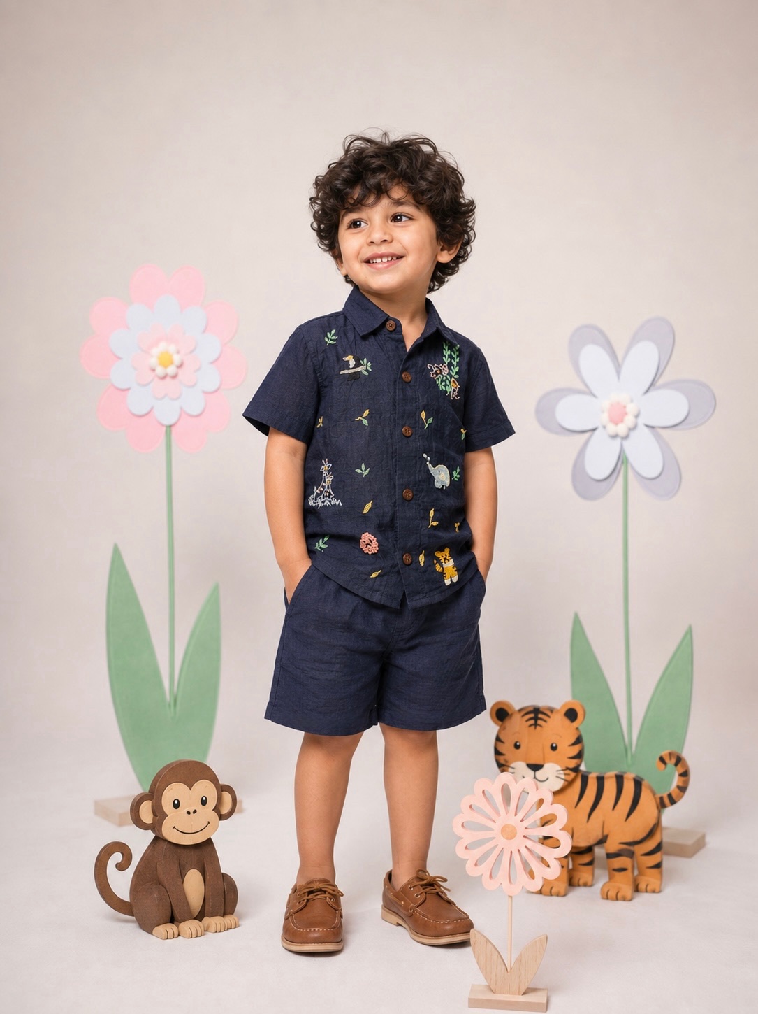 Handwoven Mul Cotton Boys Shirt & Shorts Set with Handmade Embroidery - Image 2