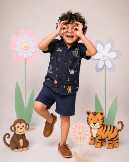 Handwoven Mul Cotton Boys Shirt & Shorts Set with Handmade Embroidery