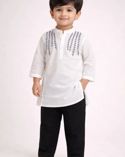 Khadi Cotton Boys Embroidered Kurta & Pants Set
