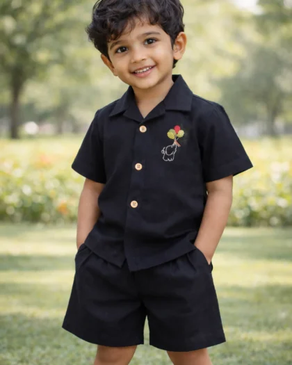 Khadi Cotton Boys Embroidered Shirt & Shorts Set