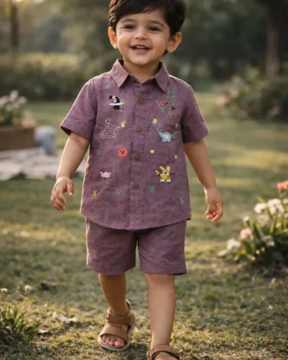 Khadi Cotton Boys Embroidered Shirt & Shorts Set