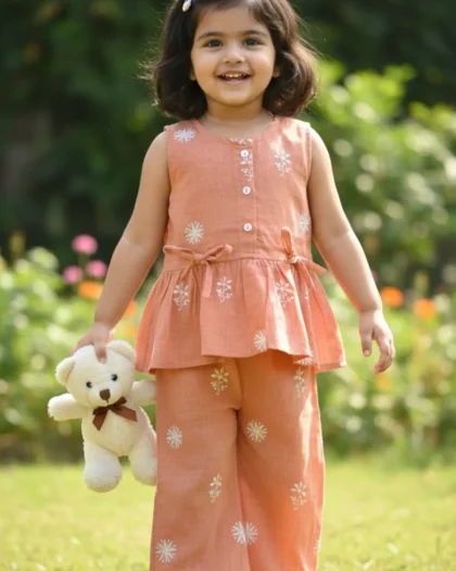Muslin Cotton Embroidered Girls Top & Pant Set