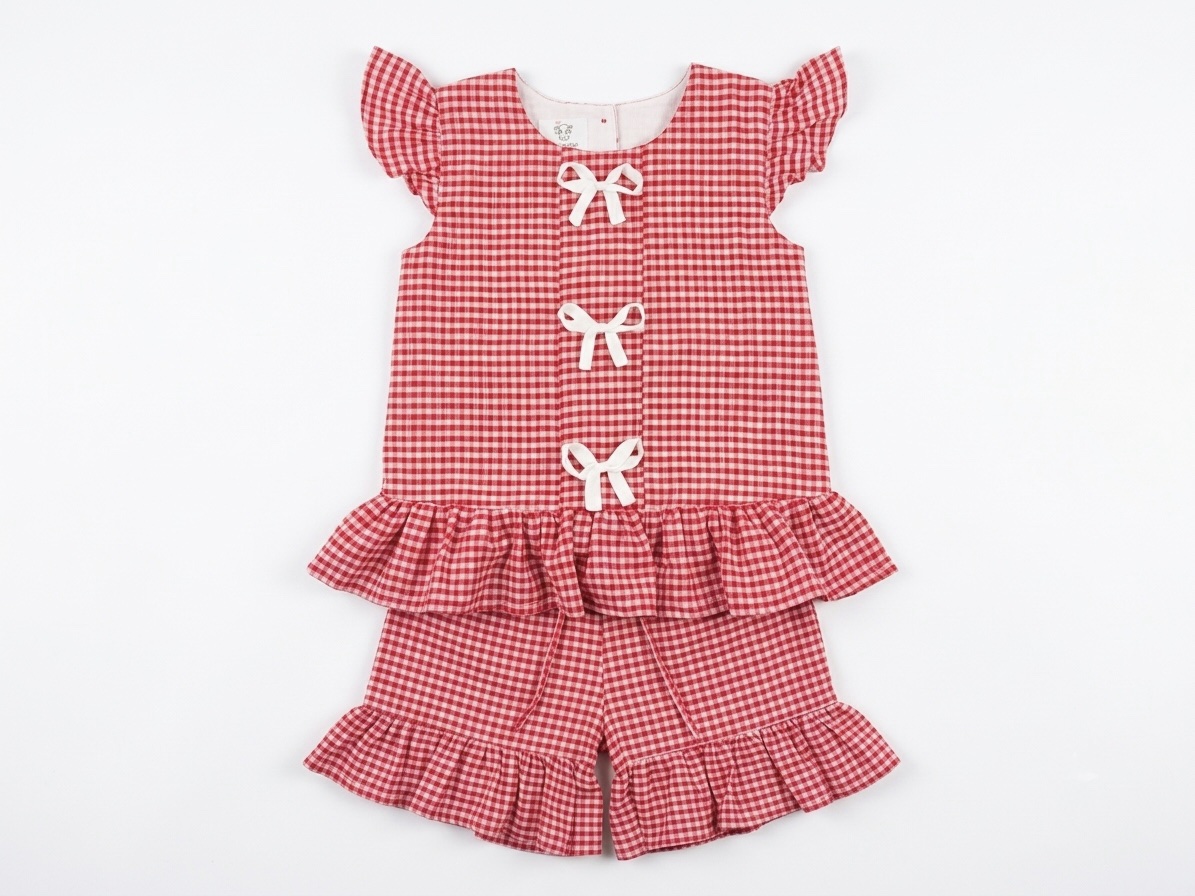 Handcrafted Red Check Ruffle Top & Shorts Co-ord Set - Image 3