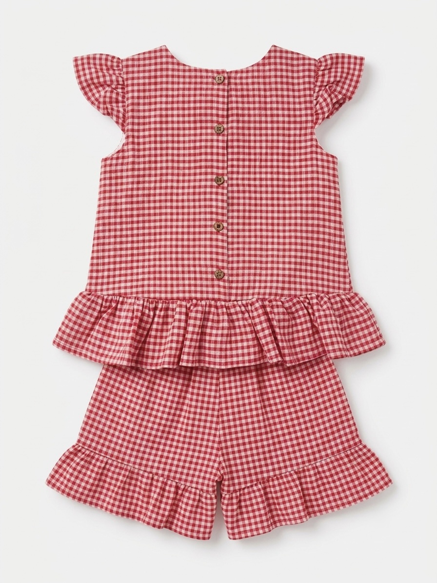 Handcrafted Red Check Ruffle Top & Shorts Co-ord Set - Image 4